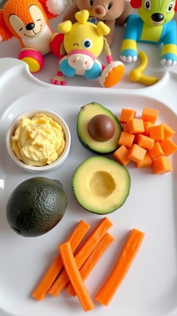 A variety of nutritious baby snacks including mashed banana, avocado, sweet potato, and carrot on a high chair tray.